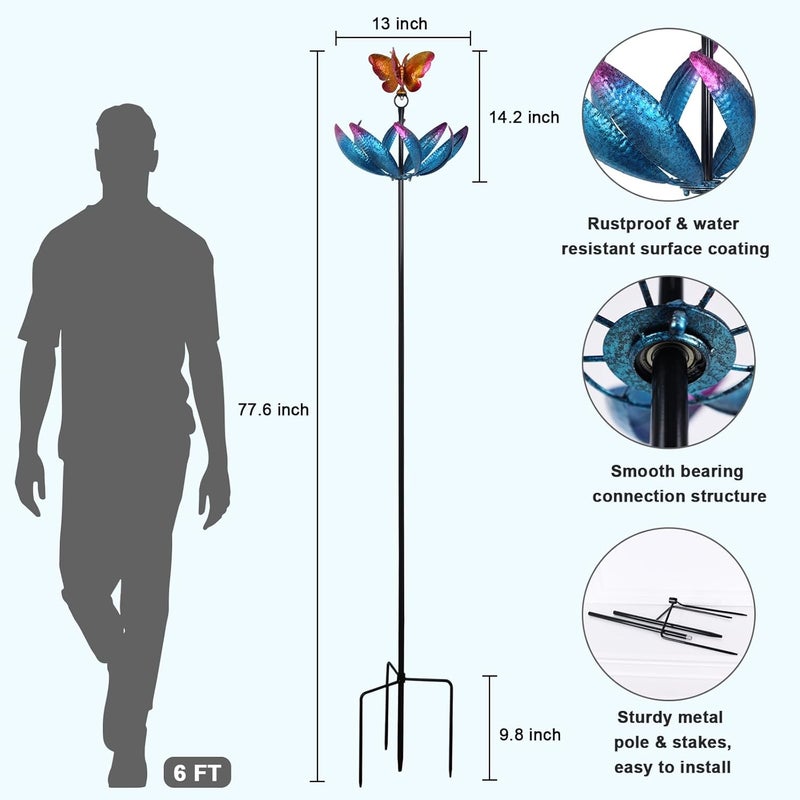 hogardeck Large Wind Spinners Outdoor, 77.6" Metal Butterfly Tulip Wind Spinner with Heavy-Duty Stakes, Multi-Color 360° Rotating Wind Sculptures Kinetic Yard Art for Home Garden Lawn Patio Decor - Image 3